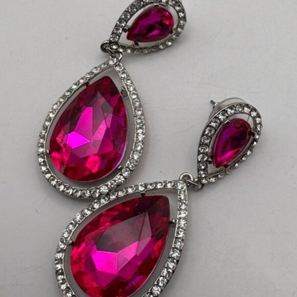 Hot Pink Teardrop Dangle Earrings Large Rhinestone Bling Silver Tone - Picture 4 of 6